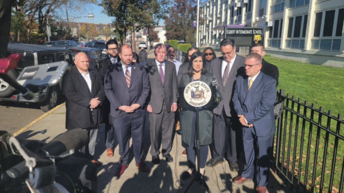 Malliotakis speaking at today's press conference in front of Egbert Intermediate School on Staten Island.